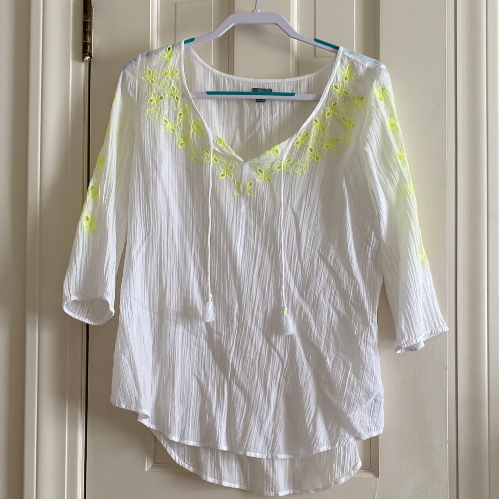 White and Neon Yellow Embroidered Aerie Swim Suit Cover Top